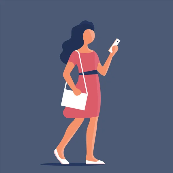 Hermosa Chica Con Bolso Teléfono Inteligente Caminando Por Calle Ilustración — Vector de stock