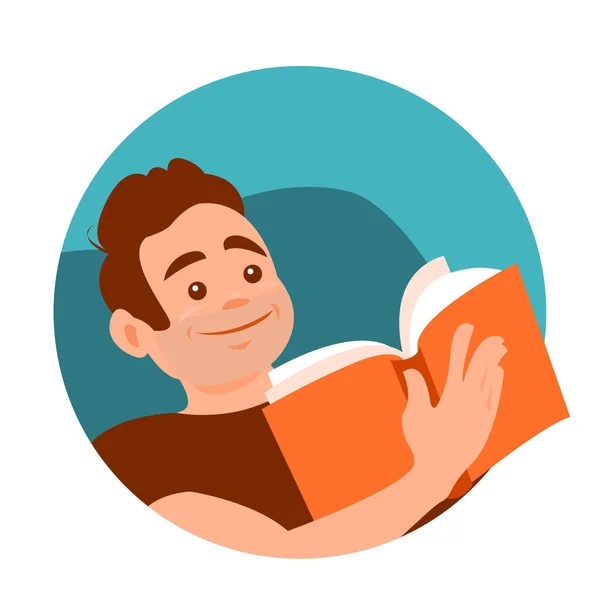 Joven Está Leyendo Libro Casa Cara Feliz Vector Redondo Ilustración — Archivo Imágenes Vectoriales