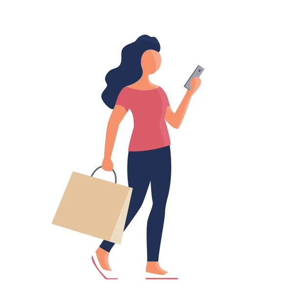 Hermosa Chica Con Bolso Teléfono Inteligente Mano Una Bolsa Tienda — Vector de stock