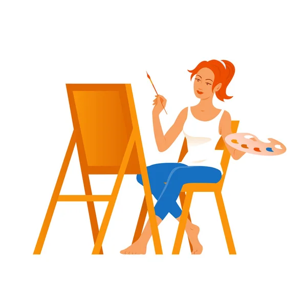 Beautiful Young Woman Draws Easel Sitting Chair Holding Palette Brush — Stock Vector