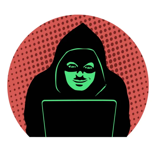 Dizüstü bilgisayardaki erkek hacker. Kapalı yüzlü siyah bir siluet. Siber saldırı. Vektör illüstrasyon pop sanatı.