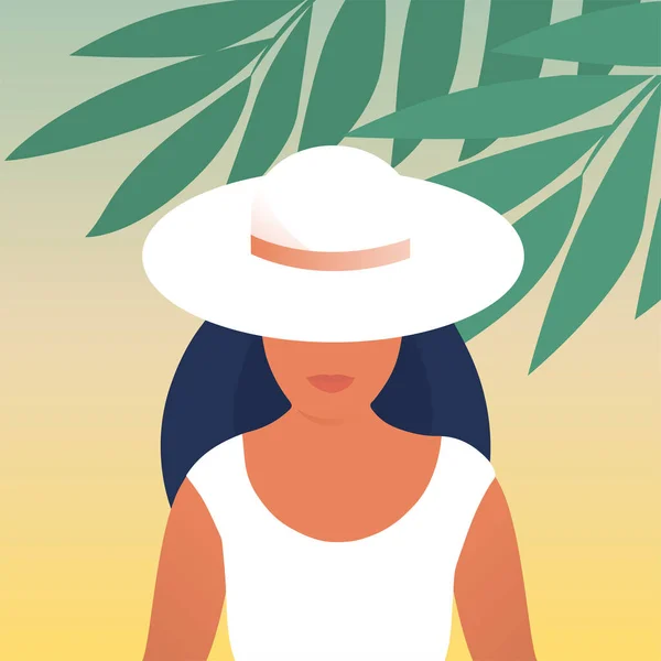 Mulher Bonita Chapéu Natureza Clima Tropical Ilustração Plana Vetorial — Vetor de Stock