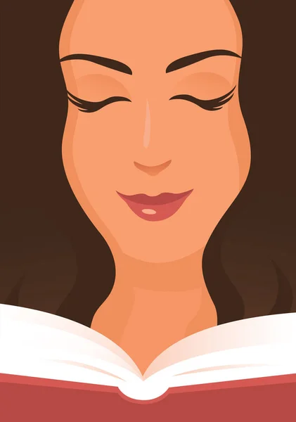 Beautiful Girl Reads Book Close Woman Face Vector Poster Illustration — Stock Vector