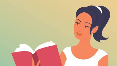 Güzel kız kitap okuyor. Vektör arkaplan çizimi. Vektör illüstrasyonu.
