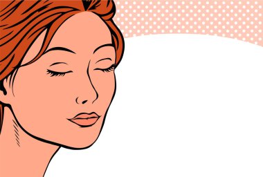 Gözleri kapalı güzel bir kadın yüzü. Güzellik salonu ya da kozmetik ürünleri için arka plan. Vektör illüstrasyon pop sanatı.