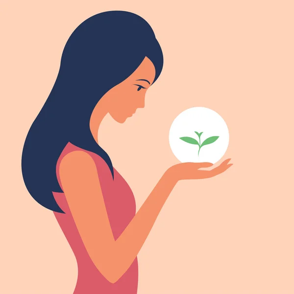 Girl Holds Green Sprout Her Hands Concept Caring Environment Vector — Stock Vector