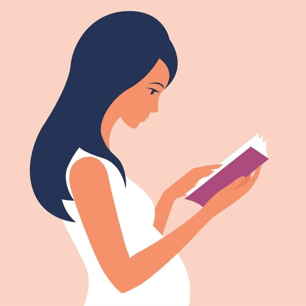 Hermosa Mujer Joven Embarazada Está Leyendo Libro Sobre Salud Ilustración — Archivo Imágenes Vectoriales