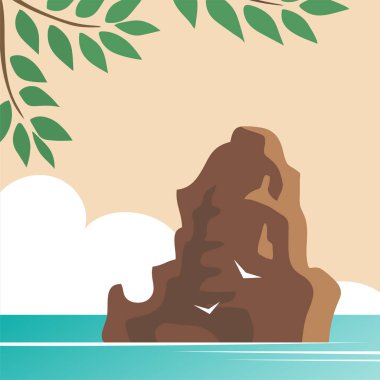 Kaya, ağaç ve martılarla dolu yaz deniz manzarası. Vahşi doğanın güzelliği. Vektör çizgi film illüstrasyonu.