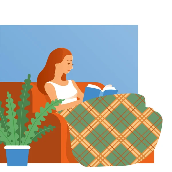 美しい少女はソファの上の家で本を読みます 毛布で覆われている ベクトル平図 — ストックベクタ
