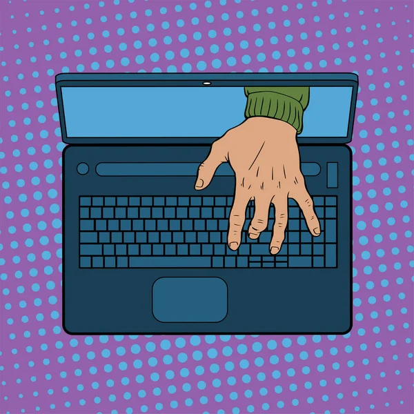 Bir hacker bilgisayara giriyor. Klavyede erkek el tipi var. Vektör izole edilmiş pop sanatı.
