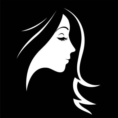 Siyah arka planda gözleri kapalı bir kızın güzel yüzü. Güzellik salonu logosu. Vektör moda illüstrasyonu.