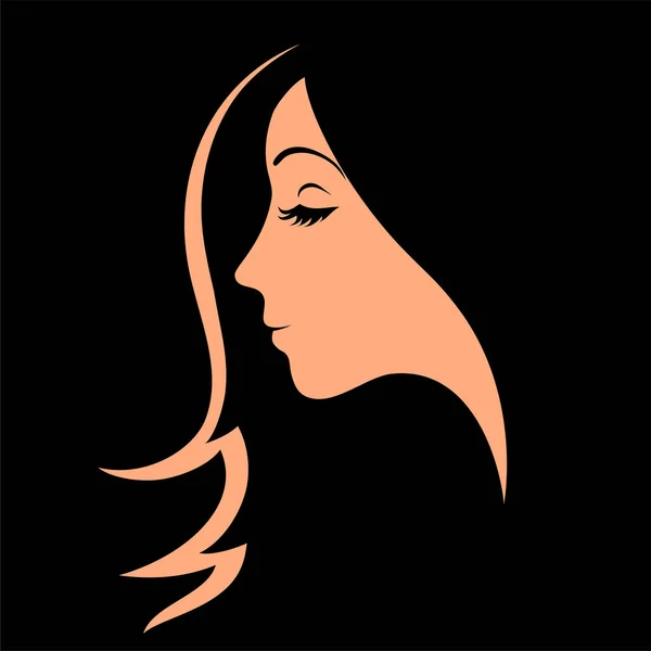 黒を背景に目を閉じた少女の美しい顔 美容室のロゴ ベクターファッションイラスト — ストックベクタ