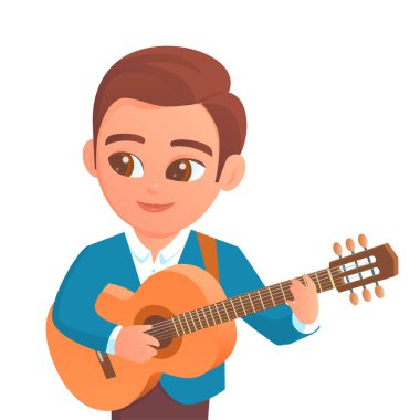 Genç bir adam gitar çalar. Yüzümde bir gülümseme. Klasik müzik aleti. Beyaz arkaplanda bir çizgi film karakteri tasviri.