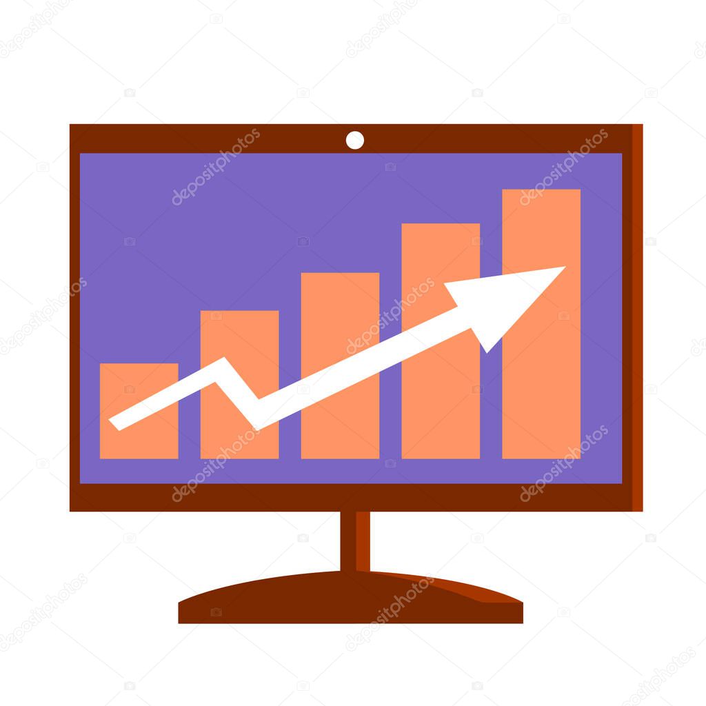 Computer monitor with growth chart. Financial success statistics. Vector isolated flat illustration on white background.