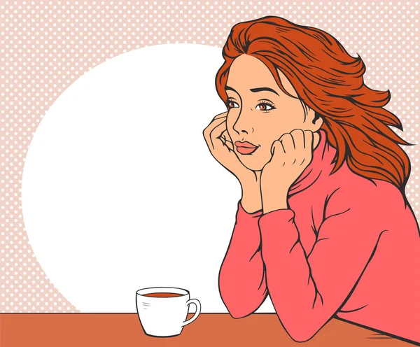 Hermosa Chica Está Soñando Mesa Espacio Libre Para Texto Ilustración — Vector de stock