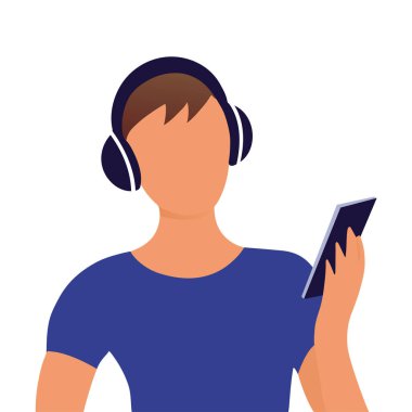 Adam kulaklıkla müzik dinliyor. Baş silueti. Elinde oyuncuyla akıllı telefon. Mesaj için yer alan bir arka plan. Beyaz arkaplanda düz resimleme.