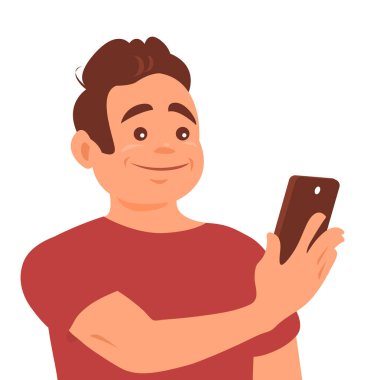 Genç bir adam sosyal ağlarda beğeni toplar. Akıllı telefon elindeydi. Gülen surat. Vektör karikatürü izole edildi.