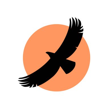 Güneşin arka planında uçan kartalın siyah silueti. Vahşi yaşam sembolü. Vektör izole edilmiş simge illüstrasyonu.