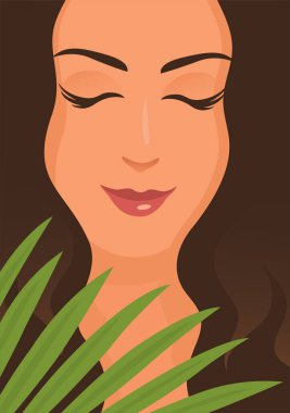 Güzel kız yüzü ve palmiye yaprağı. Bir kadın yüzüne yakın çekim. Vektör poster illüstrasyonu.