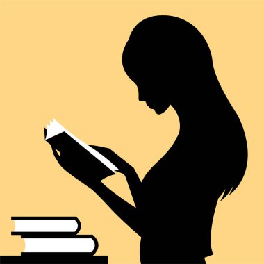 Silhouette of a beautiful girl with books. The concept of preparing for an exam, teaching courses and finding information. Vector illustration