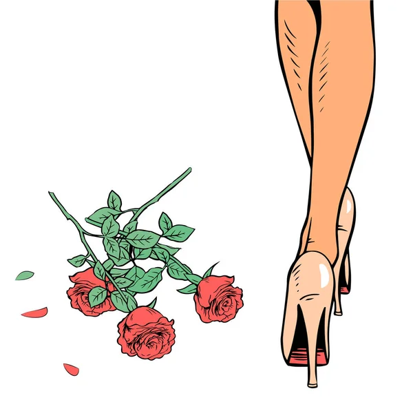 Chica Tiró Las Flores Mujeres Piernas Tacones Ramo Rosas Rojas — Archivo Imágenes Vectoriales