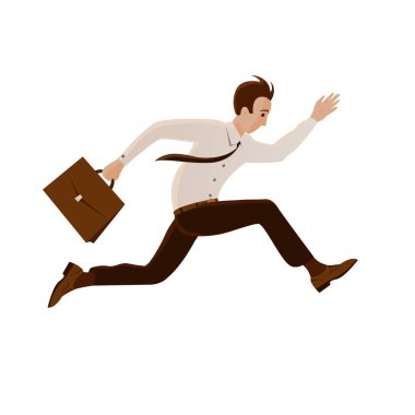 Elinde evrak çantası olan kravatlı genç bir iş adamının acelesi var. Yüksek hızda çalışıyor. Vektör izole çizgi film illüstrasyonu.