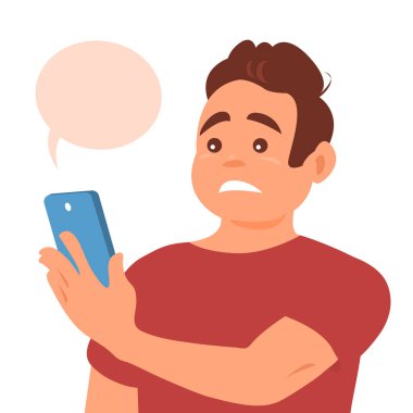 Genç bir adam telefondaki bir mesaj ya da habere hayal kırıklığına uğramış gibi bakar. Akıllı telefon elindeydi. Üzgün surat. Vektör çizgi film illüstrasyonu