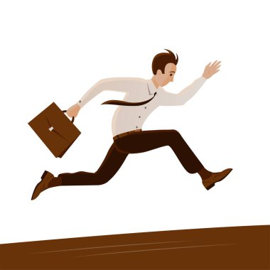 Elinde evrak çantası olan kravatlı genç bir iş adamının acelesi var. Yüksek hızda çalışıyor. Beyaz arkaplanda çizgi film çizimi