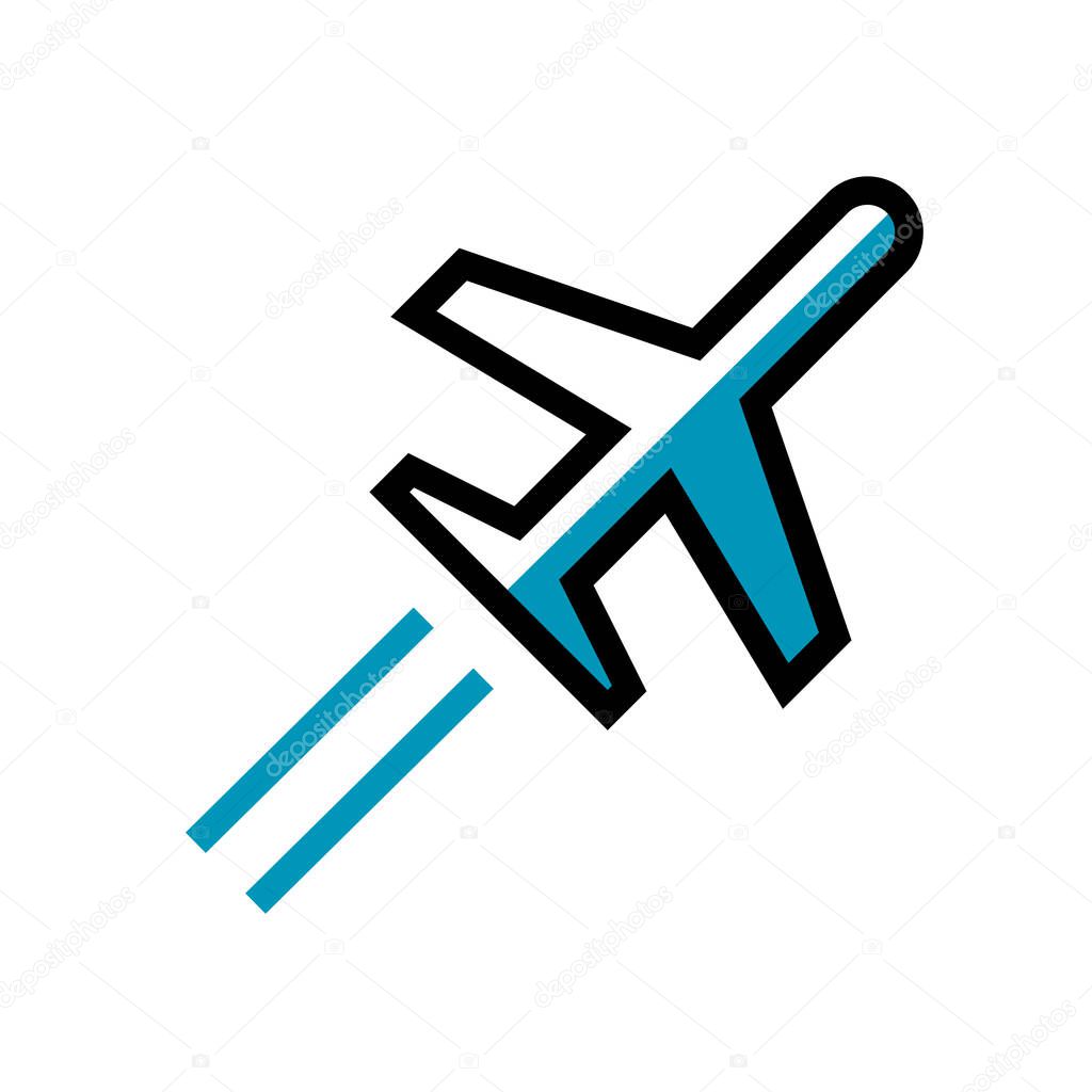 Airplane flying high in the sky. Air transport symbol. Passenger transportation and travel. Icon illustration on white background