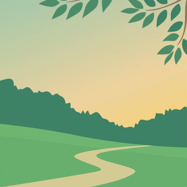 Sakin ve huzurlu bir yaz ormanı manzarası. Yeşil ağaçlar, yapraklar ve yol. Sabah veya akşam gökyüzü. Arkaplan için vektör illüstrasyon posteri