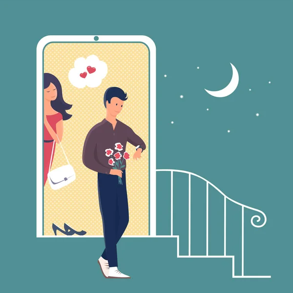 若いカップルの日付 花束を持った男が彼女の家のポーチでガールフレンドを待っている スマートフォンの形をしたドア オンラインデート ベクトルロマンチックなイラスト — ストックベクタ