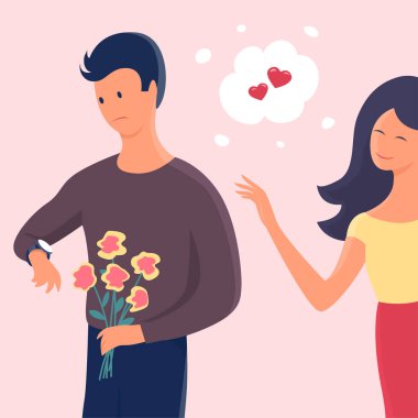 Genç bir çift randevuda. Adam elinde çiçeklerle bekliyor. Kız şakacı bir şekilde arkadan yaklaşıyor. Vektör karikatür romantik illüstrasyon
