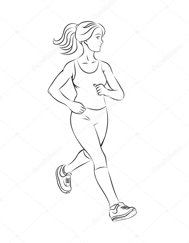 A beautiful slender girl is running. Sports training. Vector outline illustration. Isolated on white background