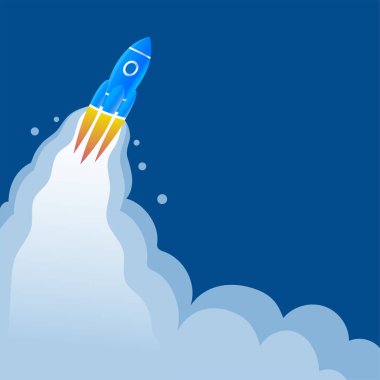 Pencereli çizgi film uzay roketi gökyüzüne doğru havalanıyor. Arkasında alev alev yanan bir alev var. Teino mavi arkaplan üzerine vektör illüstrasyonu