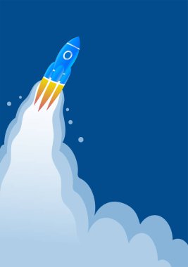 Penceresi olan bir uzay roketi yıldızlara kadar yükselir. Arkasında alev alev yanan bir alev var. Çizgi film vektör illüstrasyon posteri