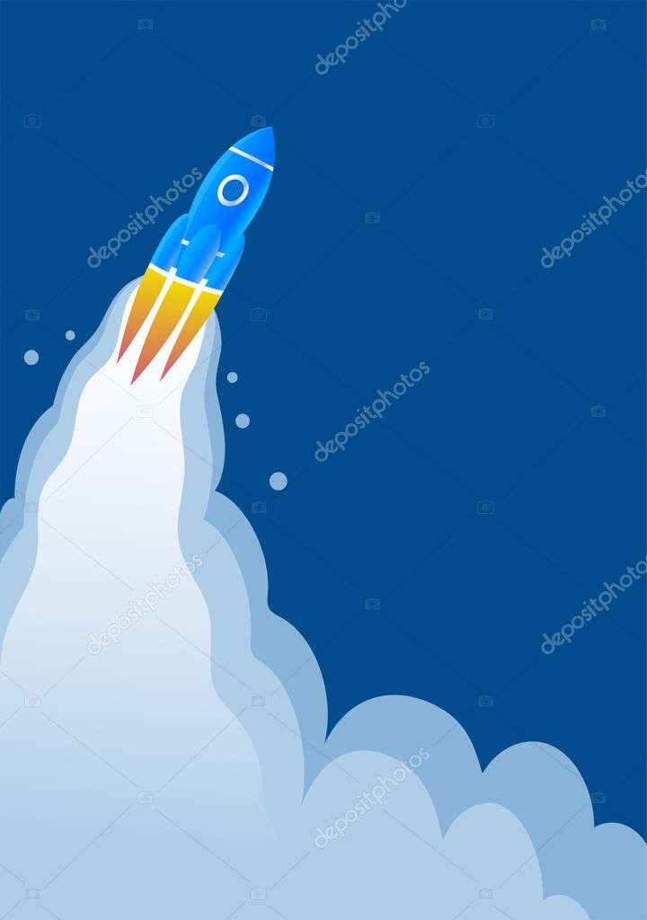 A space rocket with a window flies high to the stars. Behind it is a fiery flame. Cartoon vector illustration poster