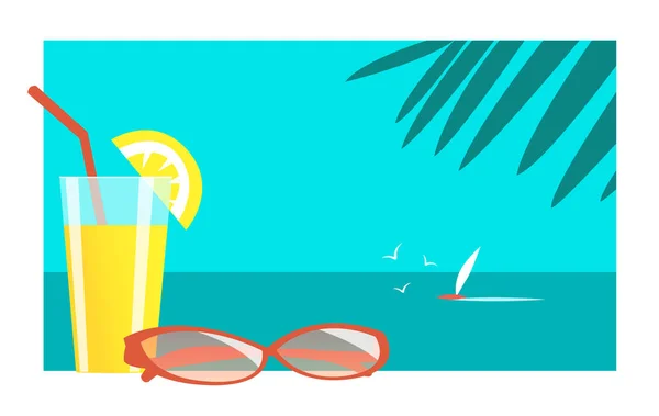 柑橘類のさわやかなジュースとサングラス 海とヨットでビーチリゾート ベクターイラストバナー — ストックベクタ