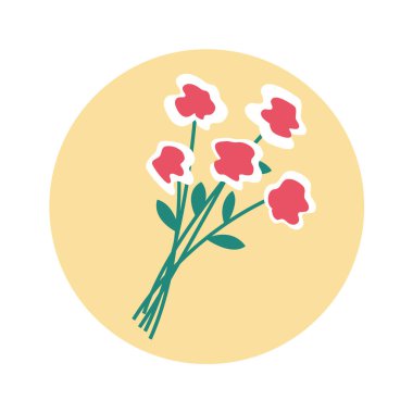 Sarı arka planda bir buket kırmızı gül. Aşk ilanının bir sembolü. Randevuda ya da tatilde verilen bir hediye. Vektör düz resimleme