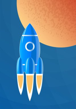 Bir uzay gemisi Mars gezegenine uçuyor. Bilimsel görev ve başarı. Vektör çizgi film illüstrasyonu