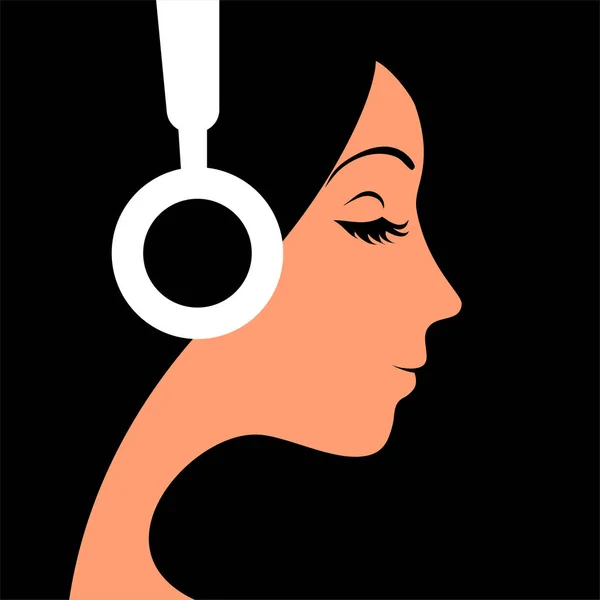 Das Mädchen Hört Musik Mit Kopfhörern Gesicht Profil Vektorflache Illustration — Stockvektor