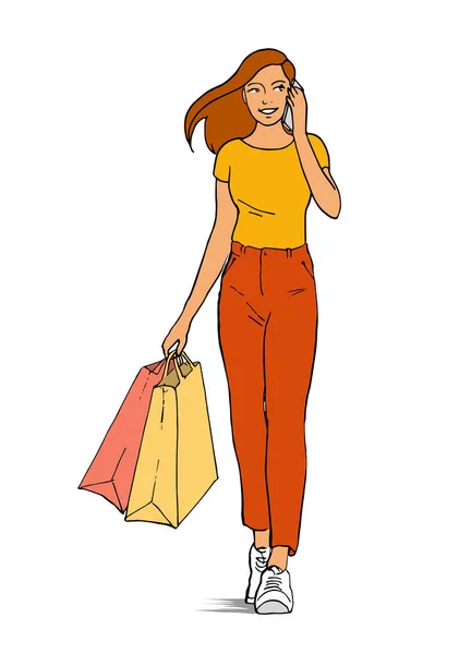 Ein Schönes Mädchen Geht Einkaufen Und Telefoniert Den Händen Der — Stockvektor