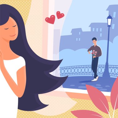 Güzel bir genç kız sevgilisiyle randevuya çıkıyor. Çiçekli mutlu bir adam pencerenin dışındaki bir caddede onu bekliyor. Çizgi film romantik illüstrasyon