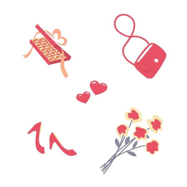 Romantic illustration of a set of female things. Ladies handbag, high heel shoes, candy, a bouquet of flowers and hearts
