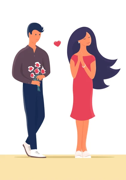 Jeune Couple Rendez Vous Jeune Homme Donne Petite Amie Bouquet — Image vectorielle