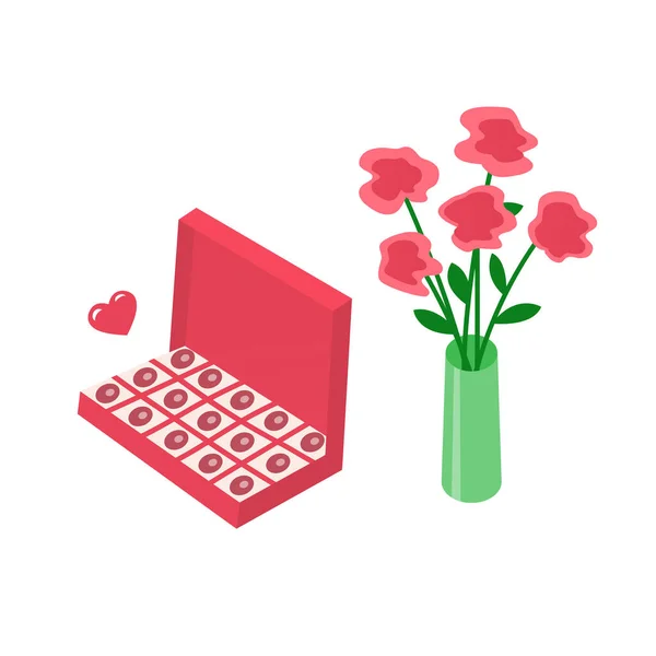 Bonbons Cadeaux Bouquet Fleurs Dans Vase Décor Romantique Concept Amour — Image vectorielle