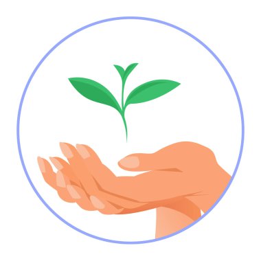 Dişi el bitkinin yeşil filizini dikkatlice tutar. Beyaz arkaplanda vektör yuvarlak illüstrasyon