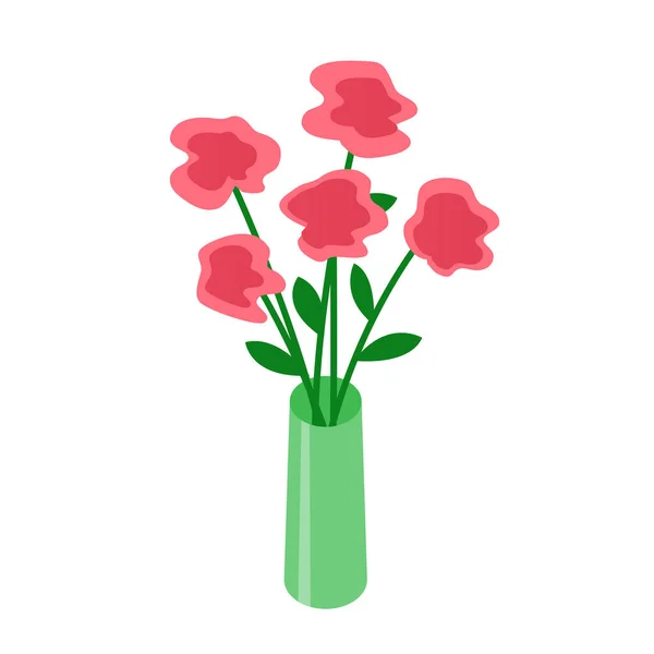 Vas Blommor Vit Bakgrund Bukett Med Röda Rosor Tecknad Illustration — Stockfoto