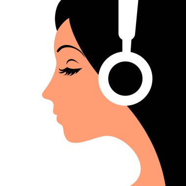 Kız kulaklıkla müzik dinliyor. Yüz profili. Beyaz arkaplanda düz resimleme