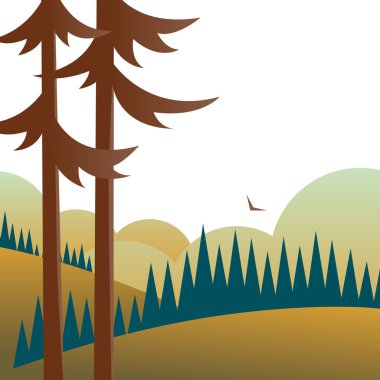 Çam ağaçları, ormanlar ve tarlalarla dolu bir manzara. Arka planda gökyüzü ve bulutlar. Vahşi doğanın güzelliği. Çizgi film illüstrasyonu