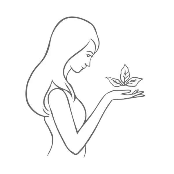 这个女孩手里拿着一株芽 关心环境的概念 矢量草图黑白插图 — 图库矢量图片